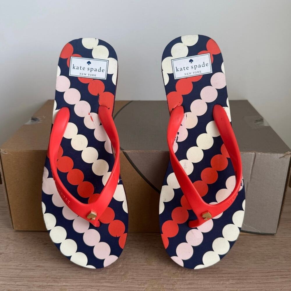 KATE SPADE New York Fifi Navy Orange Polka Dot Women Flip Flops  - SZ 8